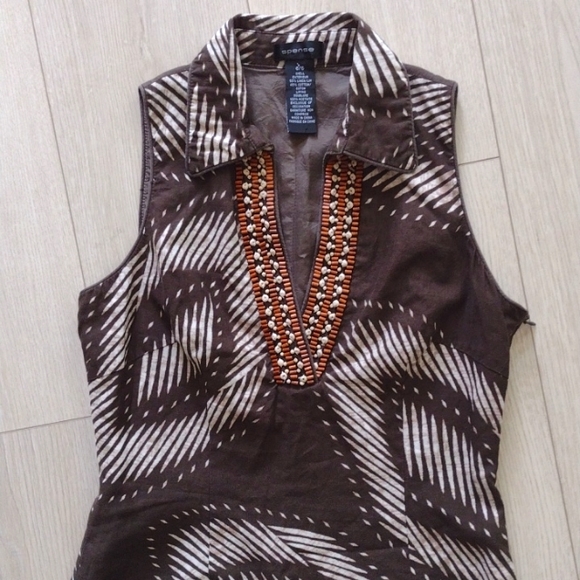 LINEN & WOODEN BEAD TRIM TRIBAL Printed Lined DRESS By SPENSE!! - Picture 2 of 6